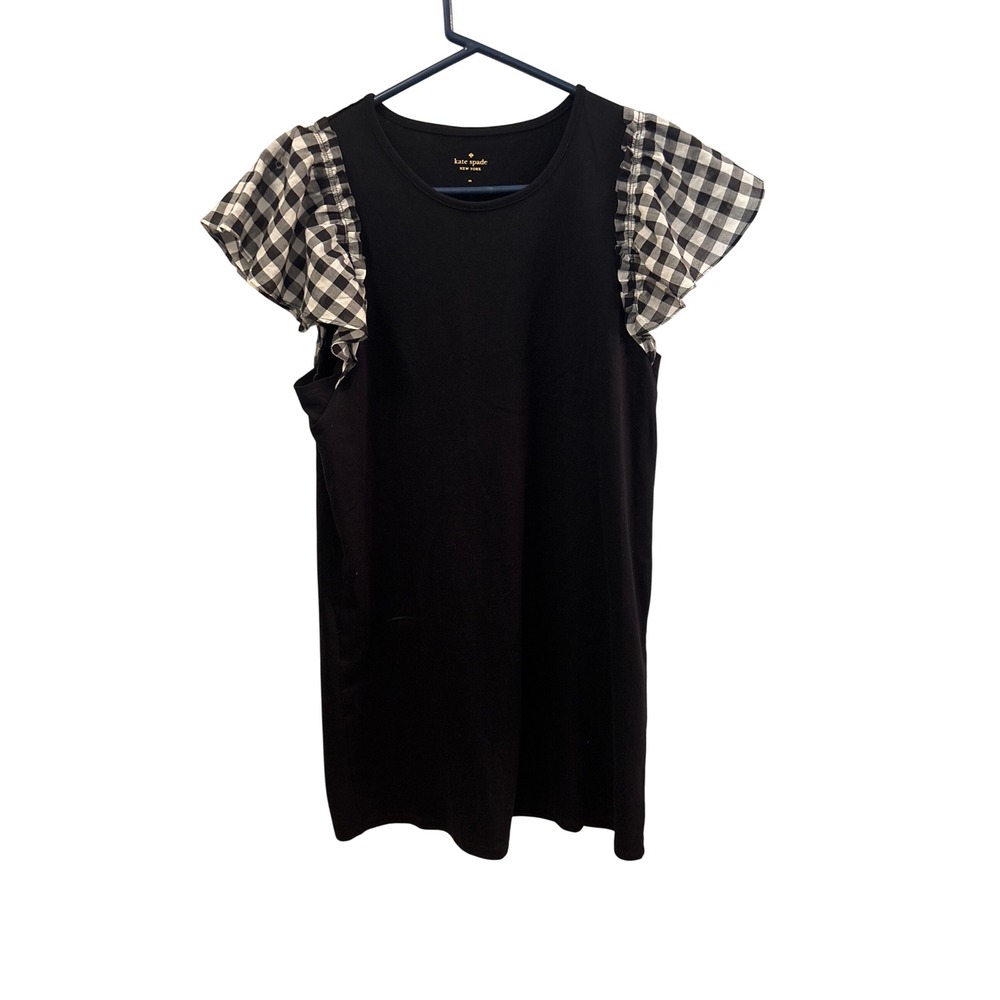 Kate Spade New York Black Cotton Ruffle Gingham Sleeve T-Shirt Dress Medium